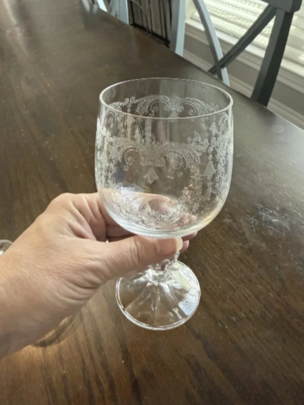 Vintage Bohemia Crystal Queen's Lace Wine Goblets Clear Etched Glass Set Of 2